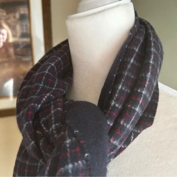 J.Crew Cashmere winter long scarf unisex luxury comfy coat fringe blue red soft - Picture 10 of 16